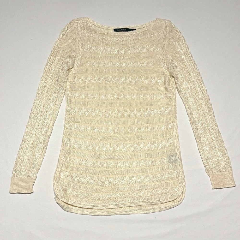 Lauren Ralph Lauren Cable Knit Sweater Womens Sm Cream Boat Neck Preppy Luxury